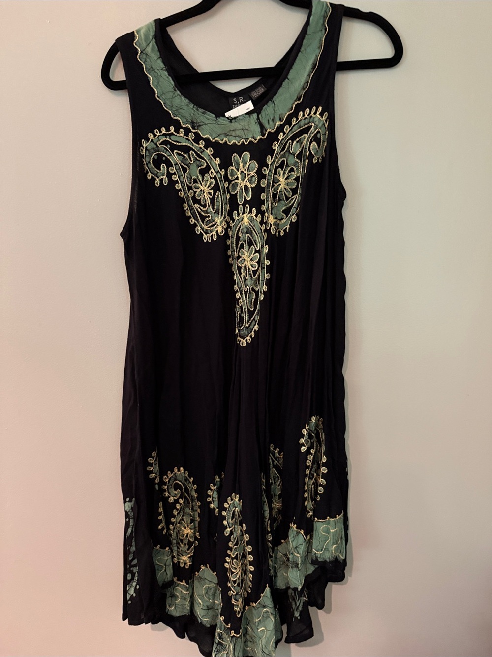 Black Embroidered Sleeveless Dress with Green Accents